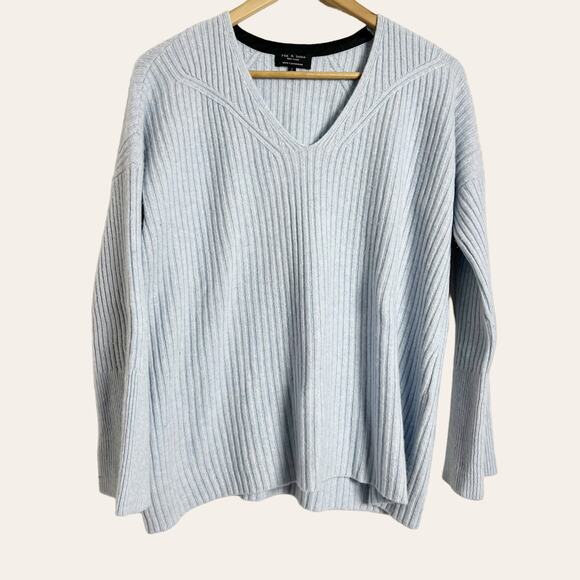 Rag & Bone Blue 100% Cashmere Ribbed Knit V-Neck Oversized Sweater Size Small - Picture 2 of 9